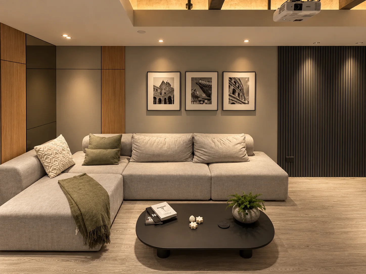 Rosset Apartment – living room with L-shaped sofa and oval coffee table