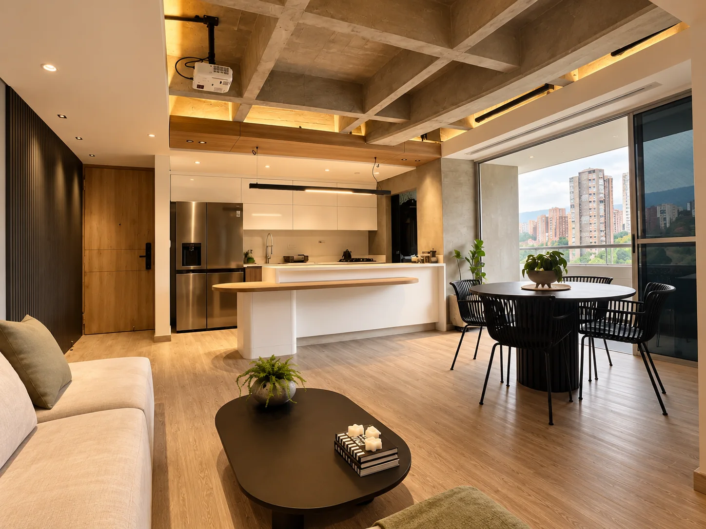 Rosset Apartment – social area with views toward the kitchen and the city