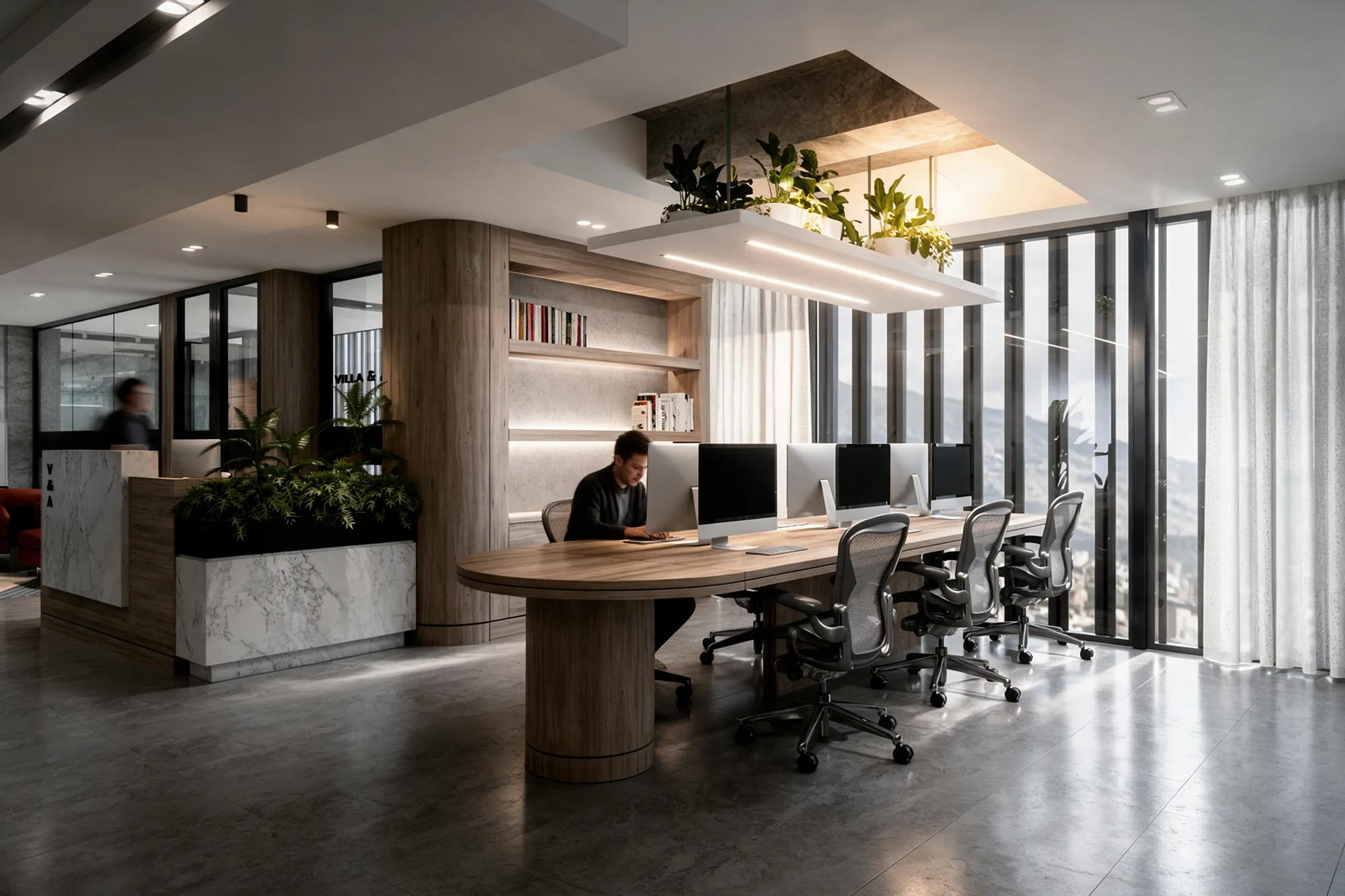 Villa & Asociados Offices – workstations with overhead planters