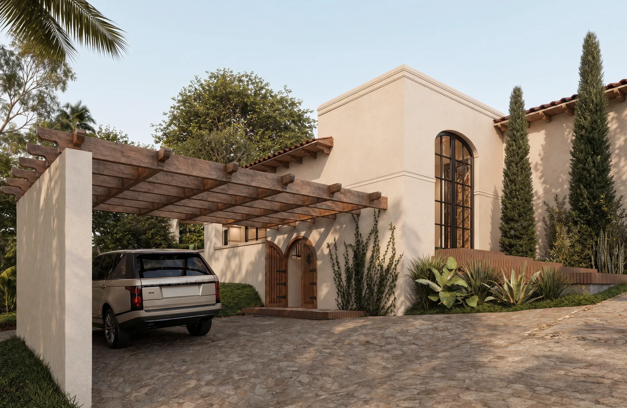 Casa La Estrella D&P – garage volume with timber pergola