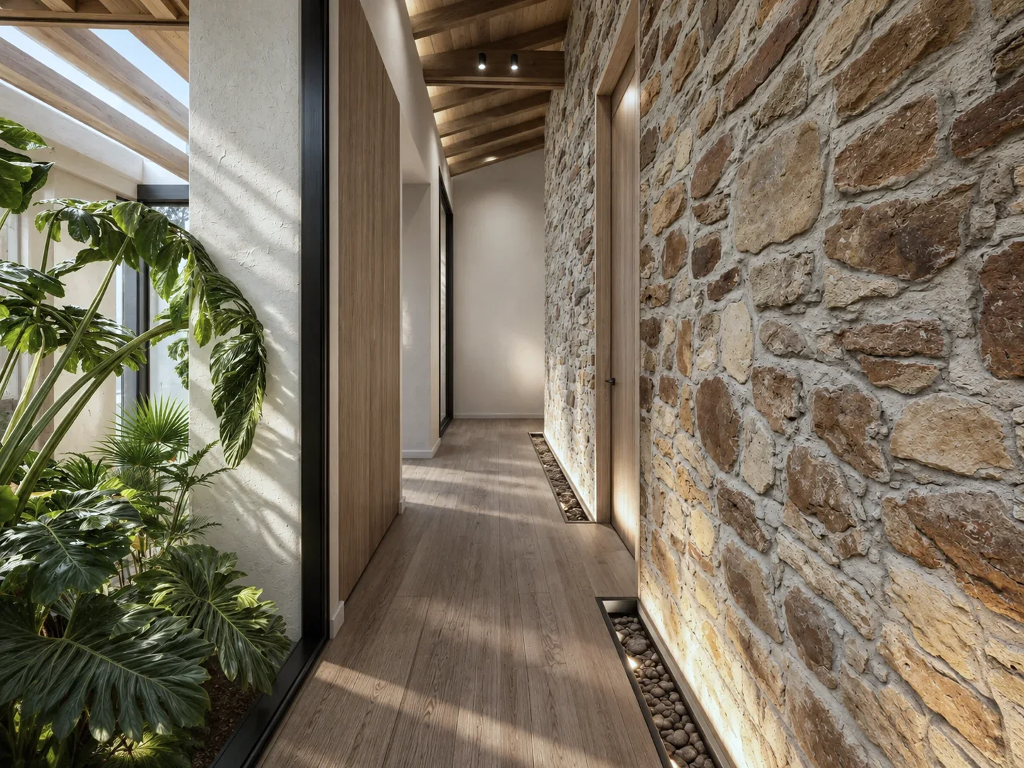 Casa La Estrella D&P – corridor with stone wall and interior garden