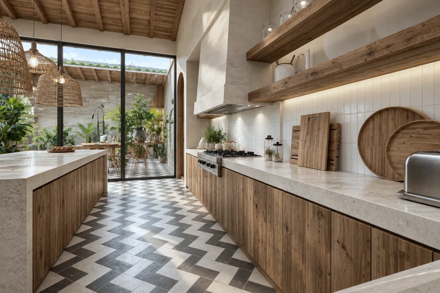 Casa La Estrella D&P – wood kitchen opening onto the courtyard
