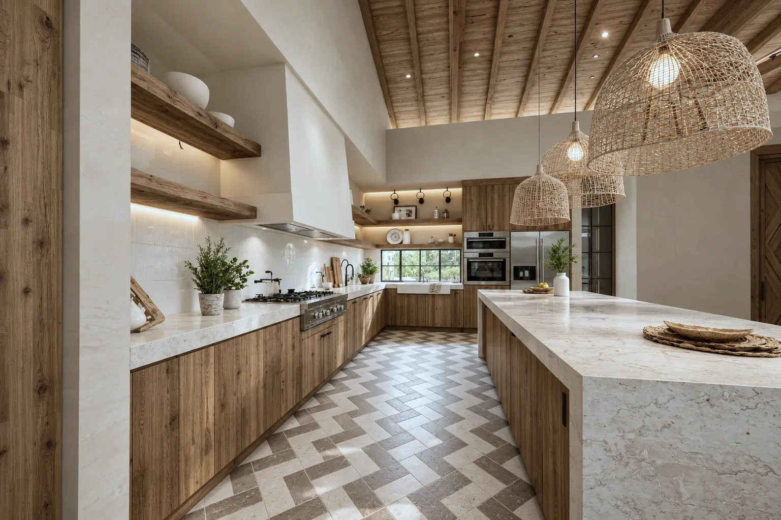 Casa La Estrella D&P – galley kitchen with herringbone floor