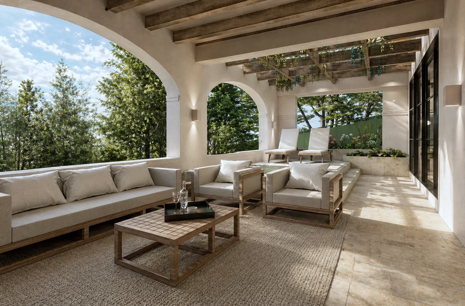 Casa La Estrella D&P – outdoor lounge beneath arches overlooking the garden
