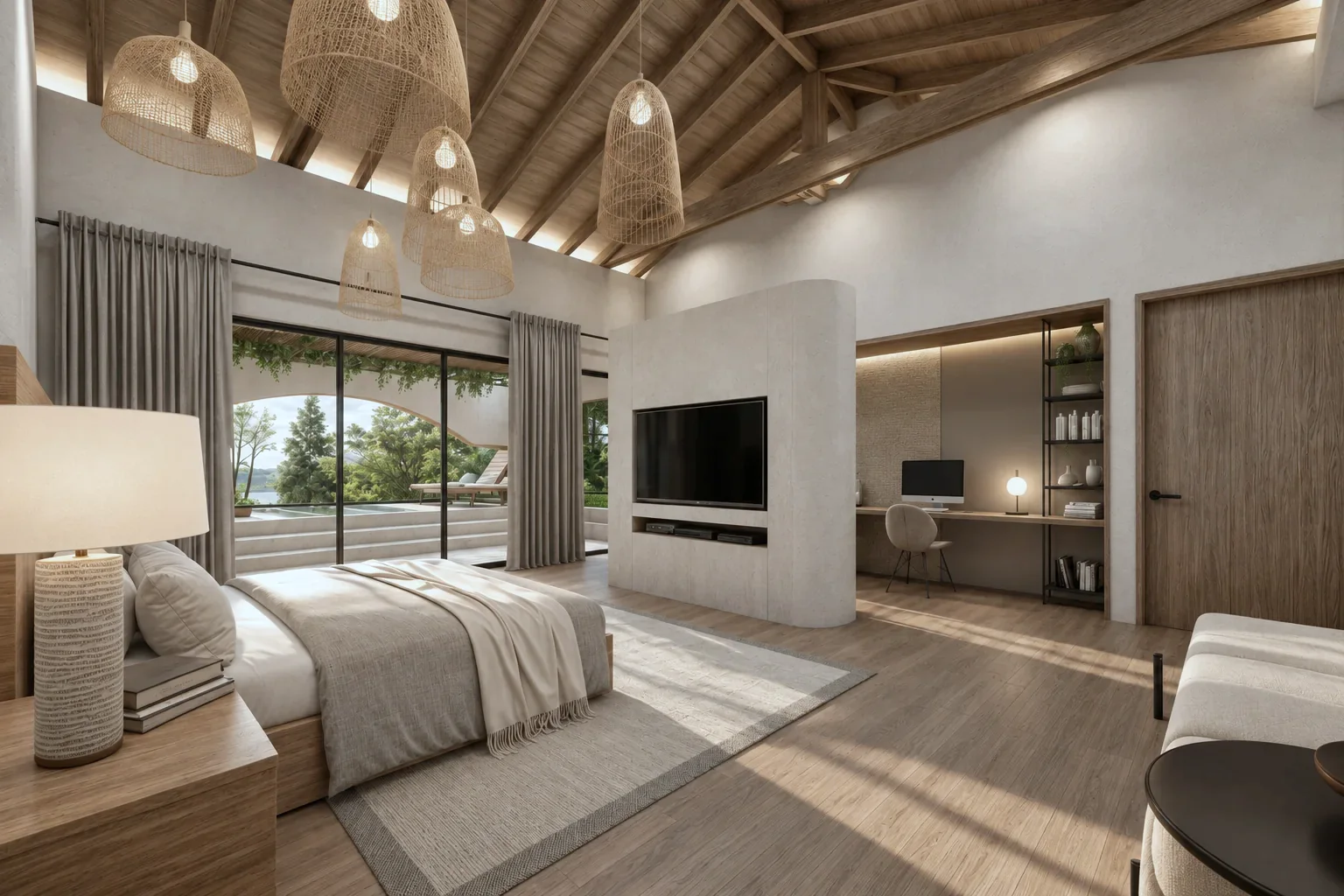 Casa La Estrella D&P – master bedroom with exposed timber roof structure