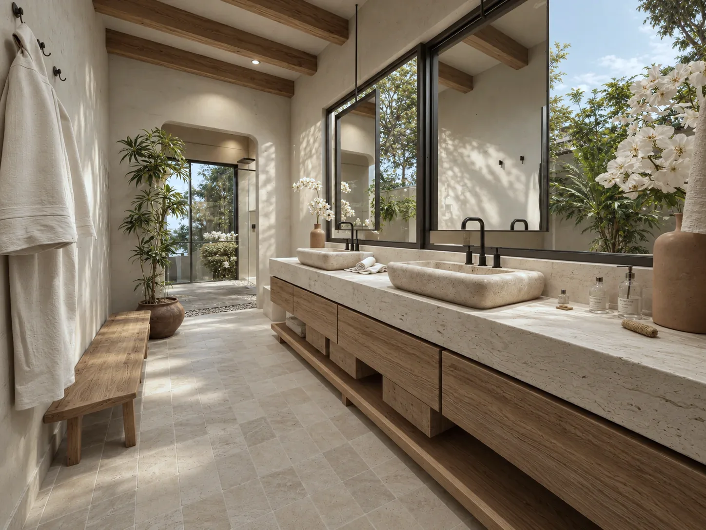 Casa La Estrella D&P – master bathroom with wood and stone vanity