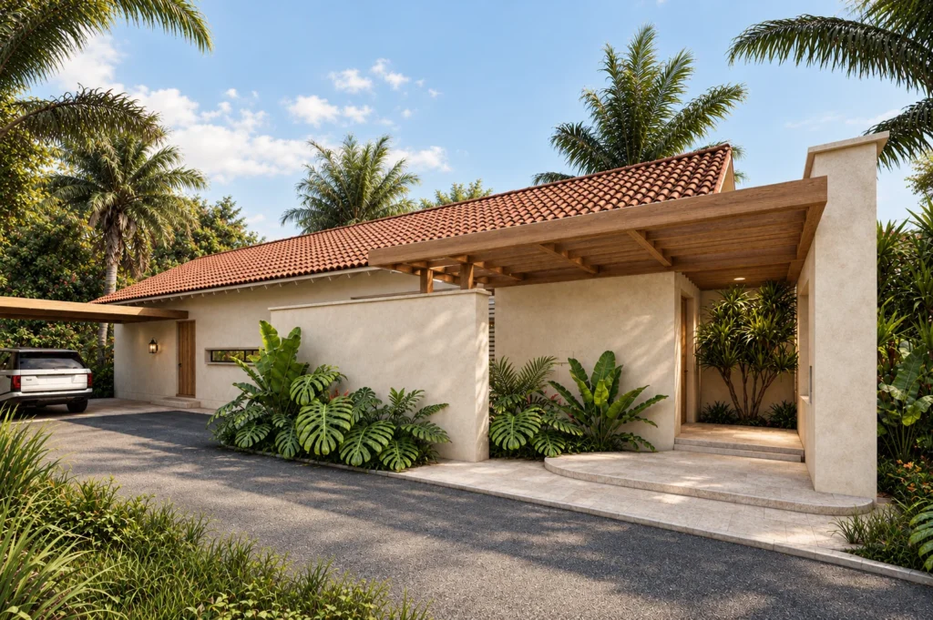 Casa La Florida DS – acceso vehicular y muros de pañete entre vegetación tropical