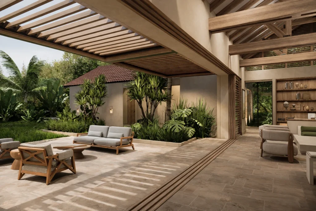 Casa La Florida DS – corredor con pérgola y celosías de madera hacia el jardín