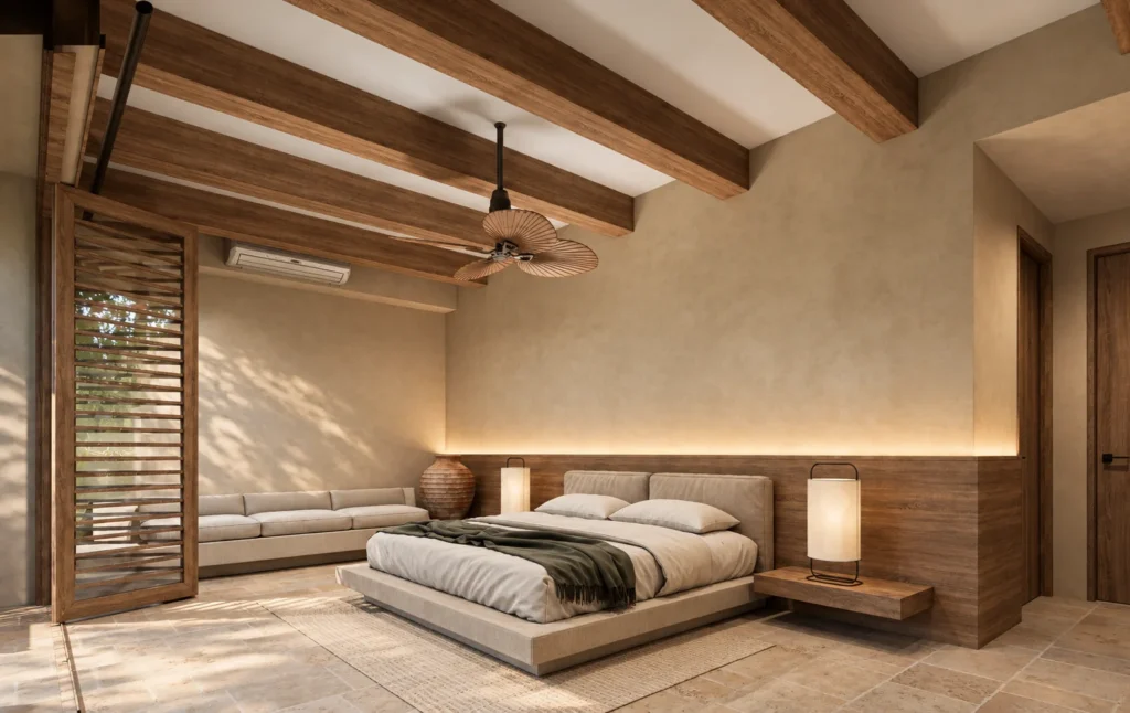 Casa La Florida DS – habitación con vigas de madera y celosías corredizas