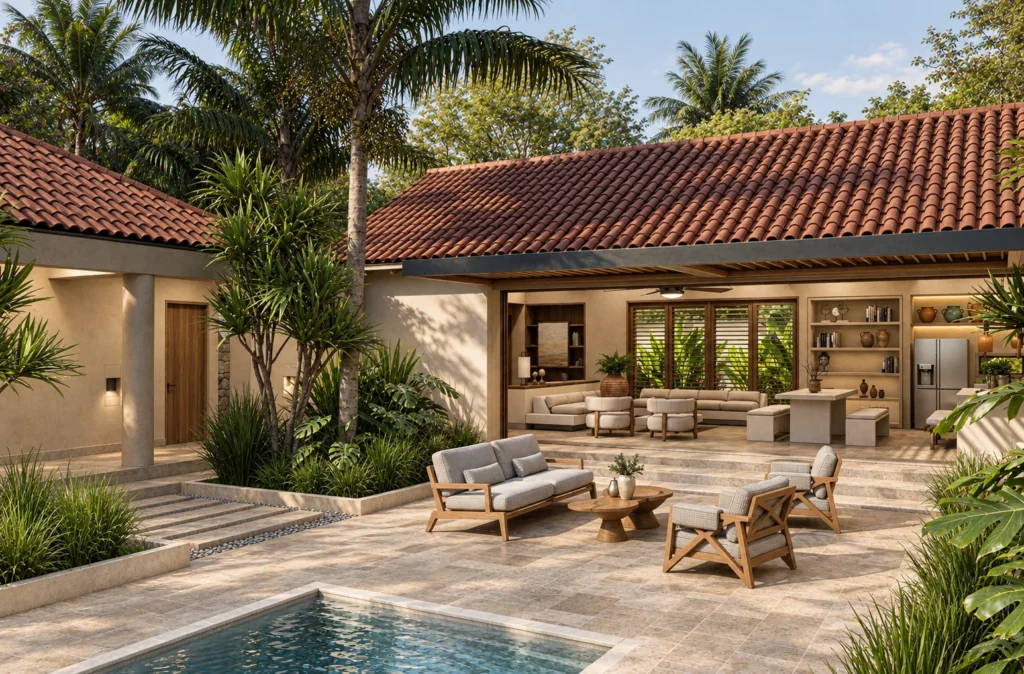 Casa La Florida DS – patio central con piscina y corredor social bajo teja de barro