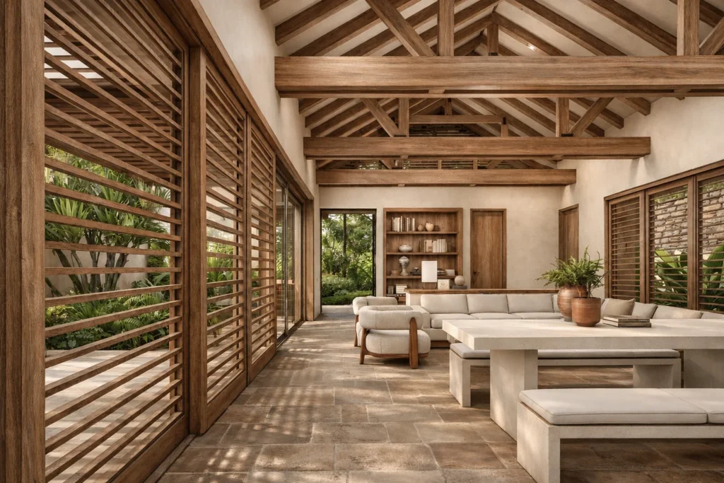 Casa La Florida DS – sala y comedor con celosías de madera y luz filtrada