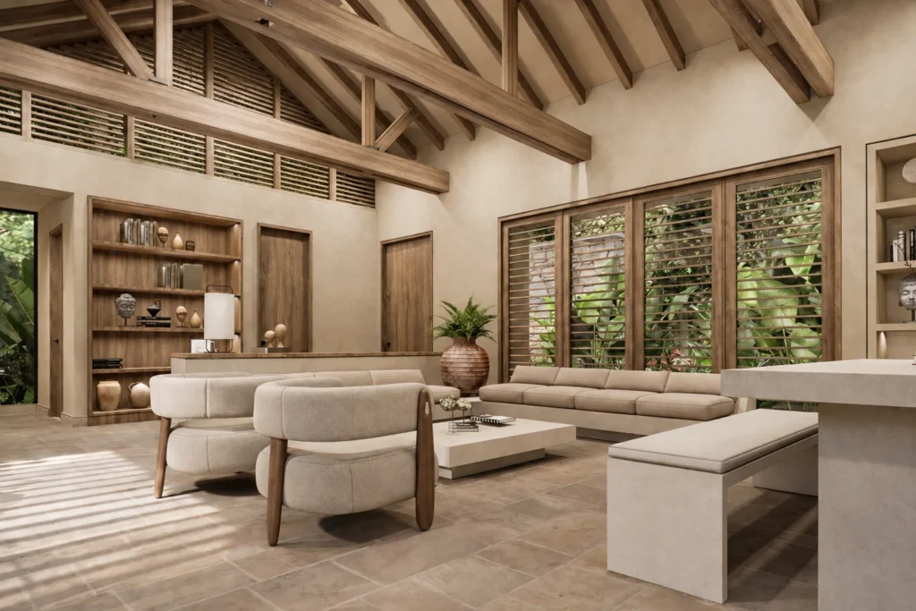 Casa La Florida DS – sala bajo cubierta en estructura de madera a la vista